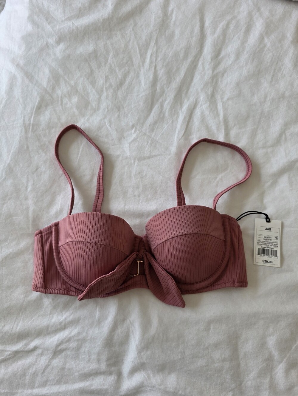 Shade & Shore Mauve Ribbed Underwire Bikini Top with Front Tie